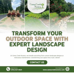 A rustic-style social media post with Caney Creek branding, promoting expert landscape design services to beautifully transform outdoor living spaces.