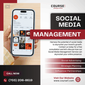 Course1’s vibrant post highlighting effective social media management strategies for driving digital growth.